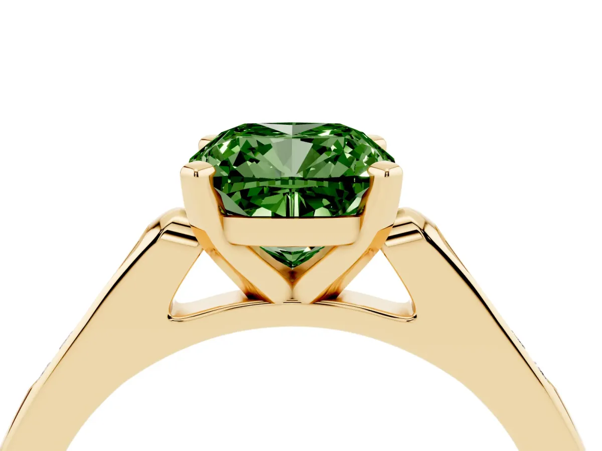 Fancy Green Cushion Cut Diamond Solitaire Ring with Channel Set Round Band and Prong Setting Yellow gold