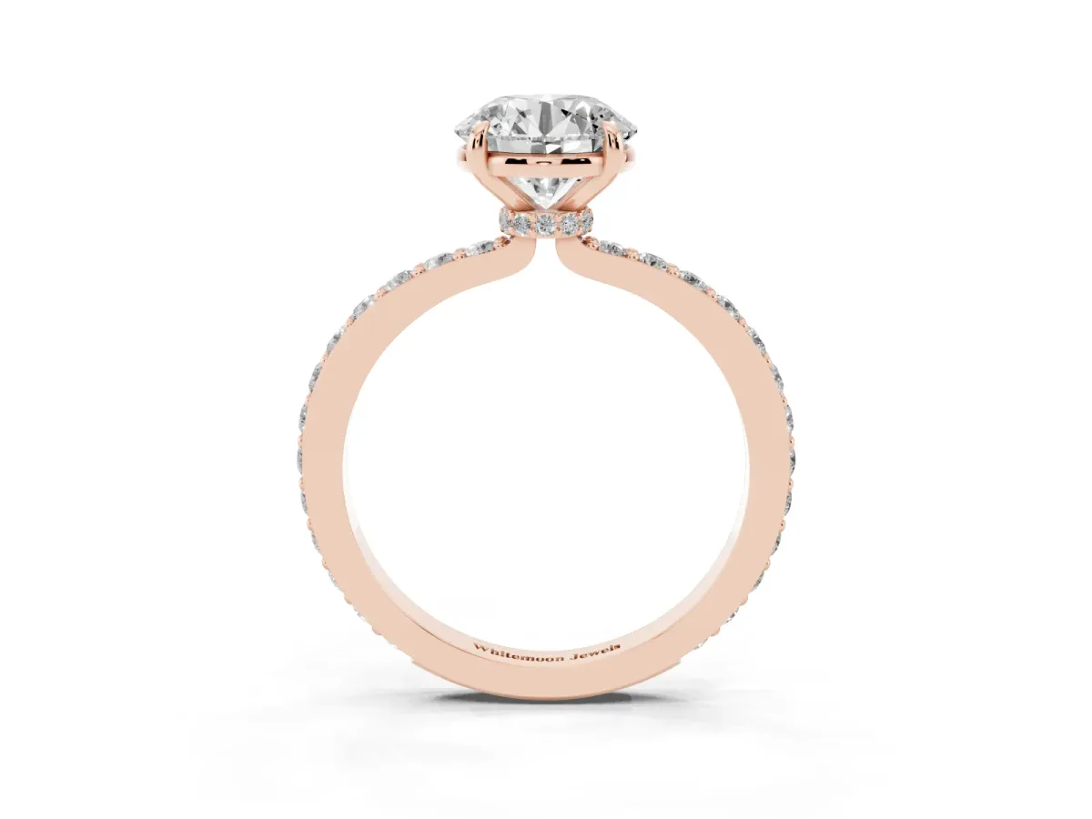 Round Cut Diamond Pavé Engagement Ring with Round Accents and Prong Setting Rose gold