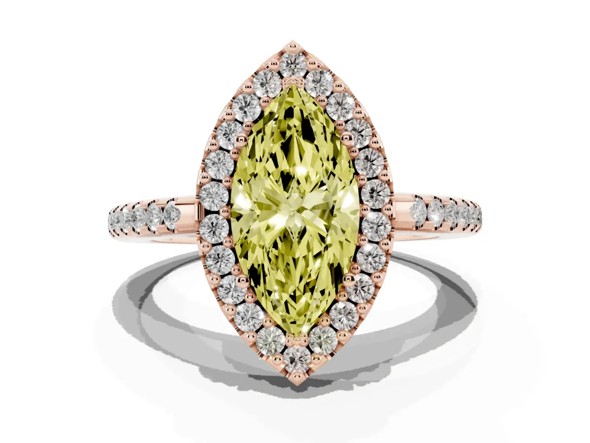 Fancy Yellow Marquise Cut Diamond Pavé Halo Ring with Four-Prong Setting Rose gold
