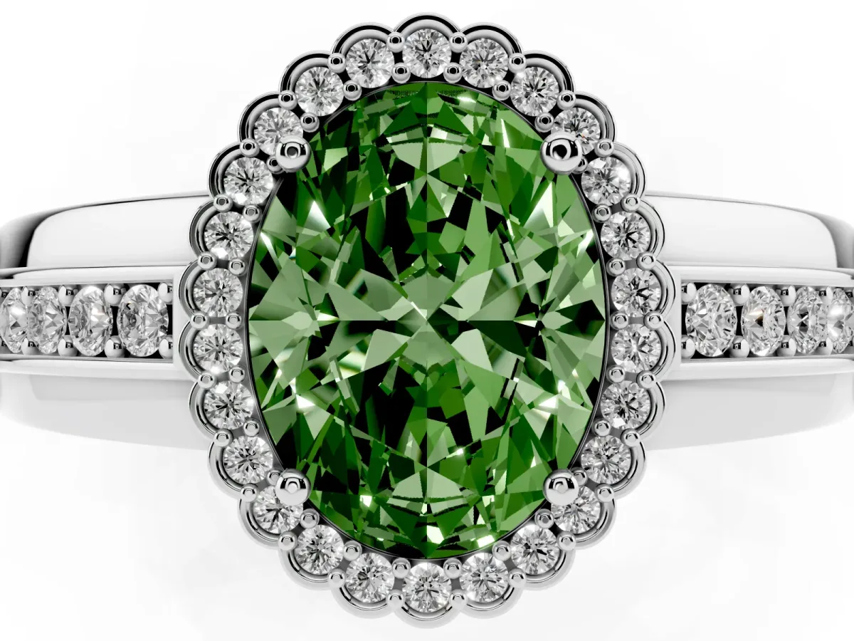 Fancy Green Oval Cut Cut Halo Pave Band Four-Prong Ring Silver
