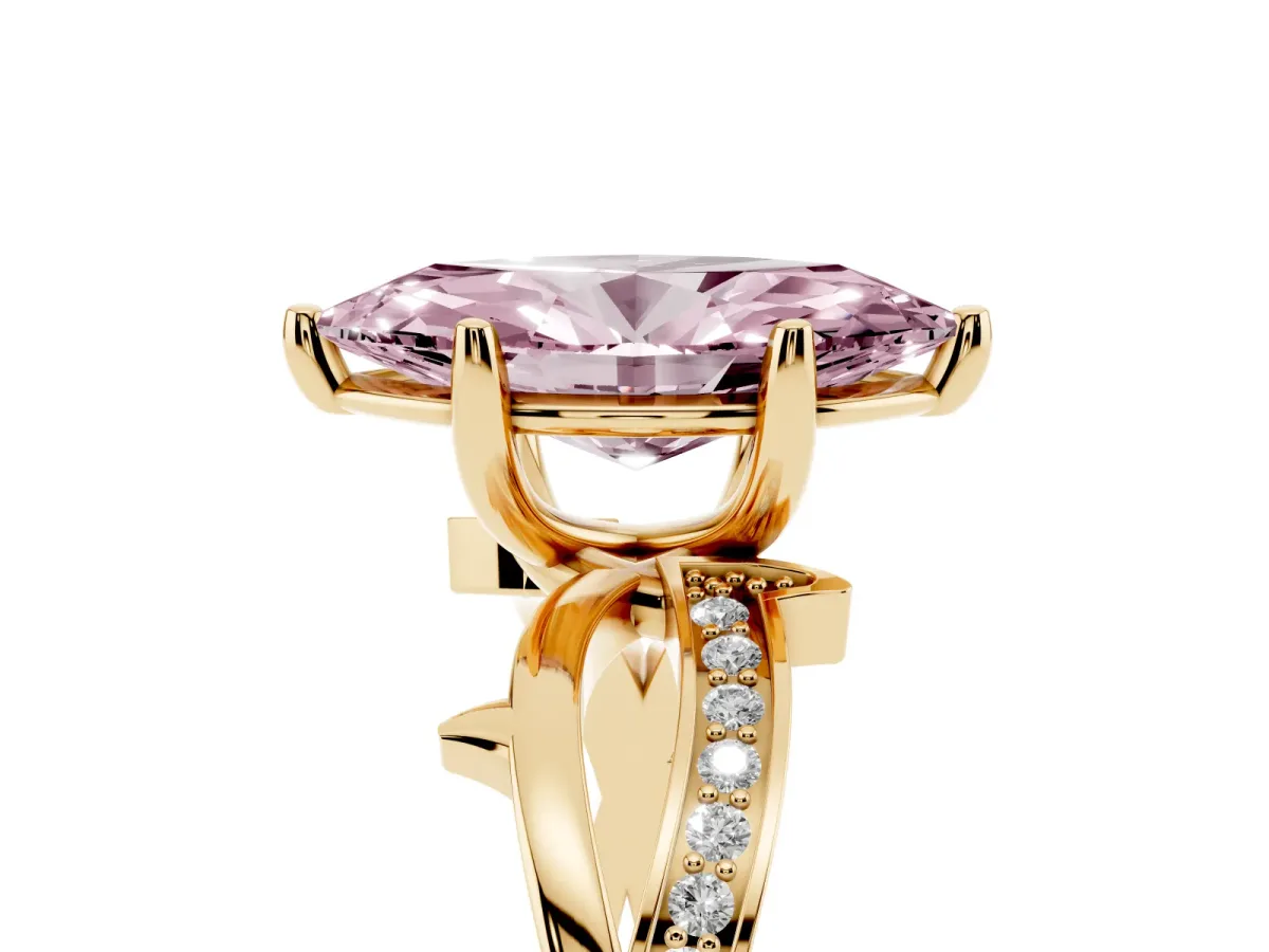 Fancy Pink Marquise Cut Solitaire Twist Band with Pavé Accents and Four-Prong Setting Yellow gold