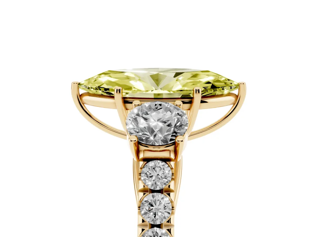 Fancy Yellow Marquise Cut Cut Diamond Three-Stone Ring with Round Side Stones and Pavé Band Yellow gold