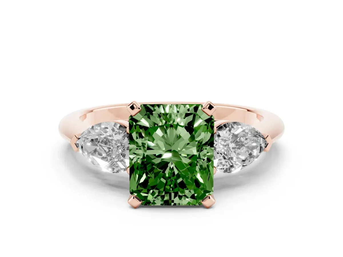 Fancy Green Three-Stone Radiant Cut Diamond Ring with Pear Side Stones and Four-Prong Setting Rose gold