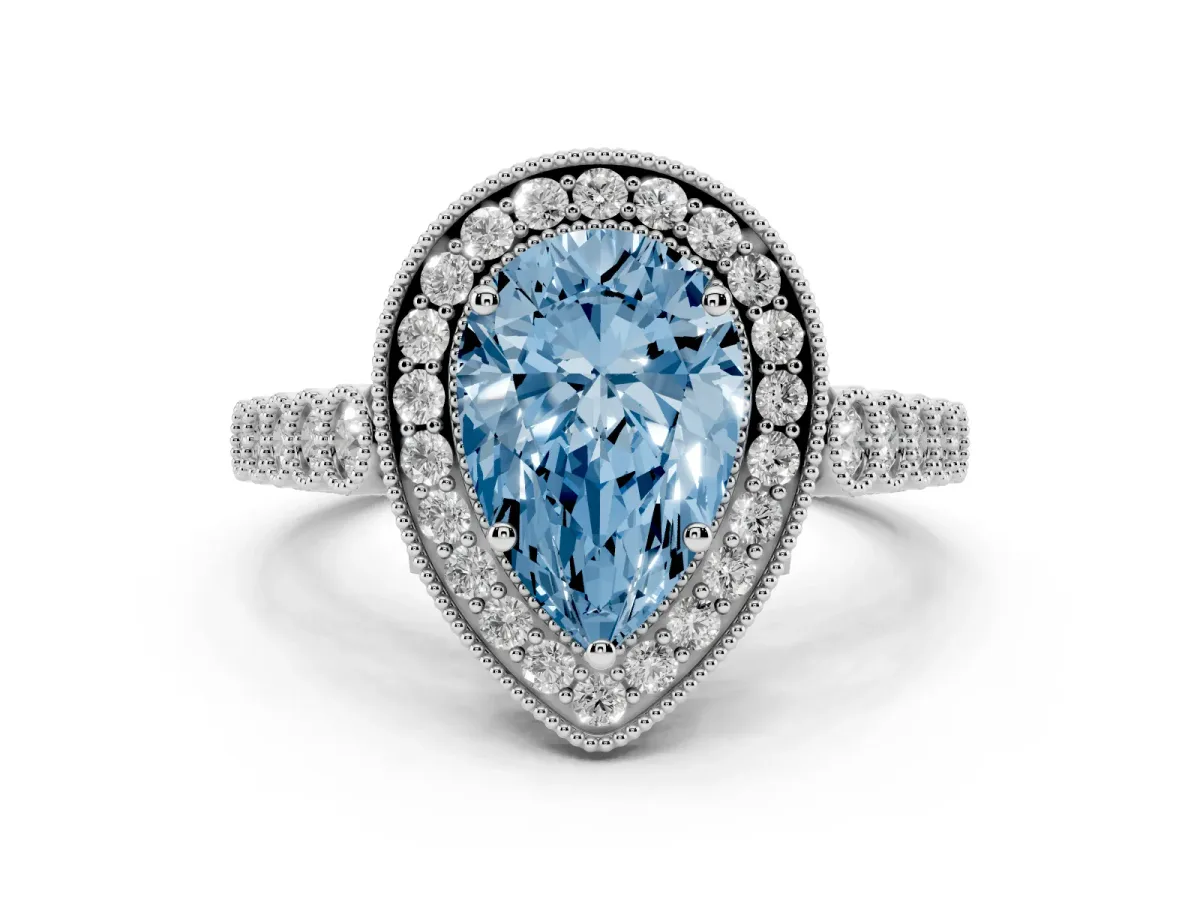 Fancy Blue Pear Cut Halo Milgrain Solitaire with Bezel Set Side Stones and Pave Band Silver
