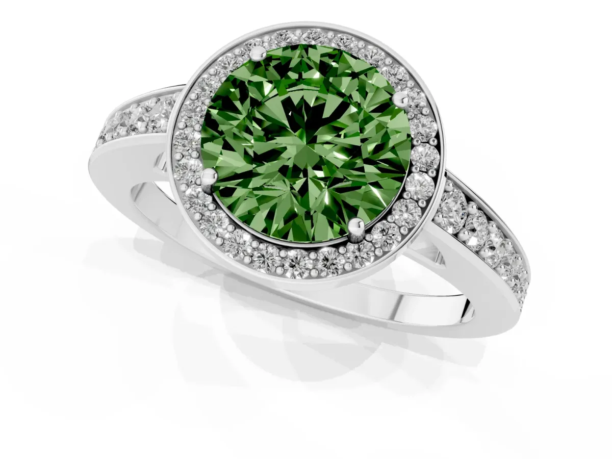 Fancy Green Round Cut Halo Pavé Diamond Engagement Ring with Bezel Setting Silver