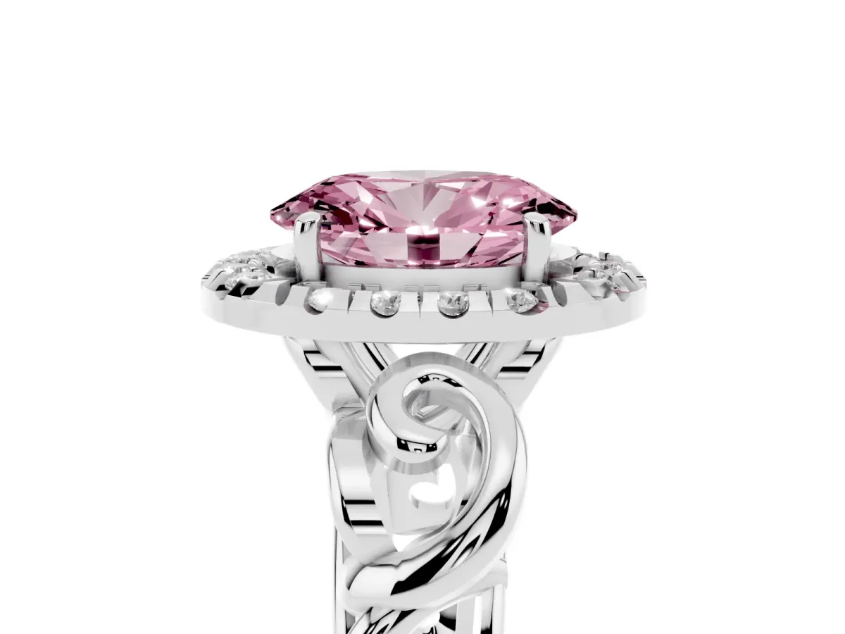 Fancy Pink Oval Cut Cut Halo Diamond Ring with Scrollwork Band and Four-Prong Setting Platinum