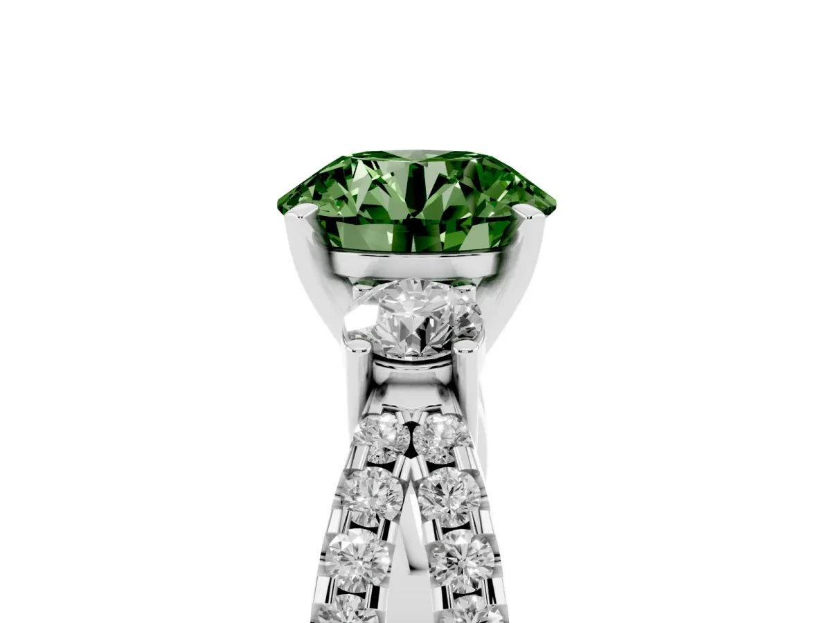 Fancy Green Round Cut Diamond Three-Stone Ring with Pavé Split Shank and Four-Prong Setting White gold