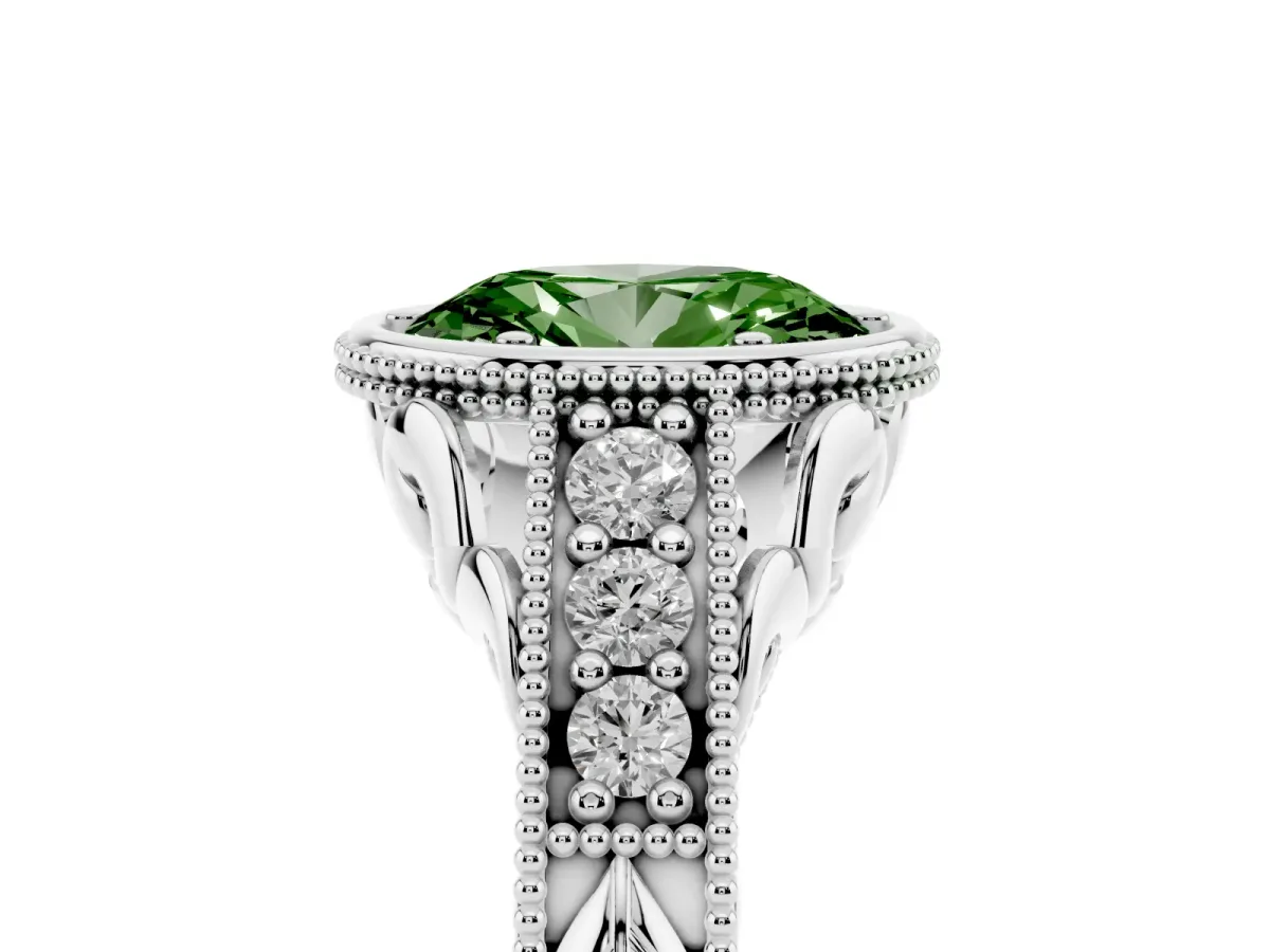 Fancy Green Bezel Set Oval Cut Diamond Milgrain Pave Engagement Ring Silver