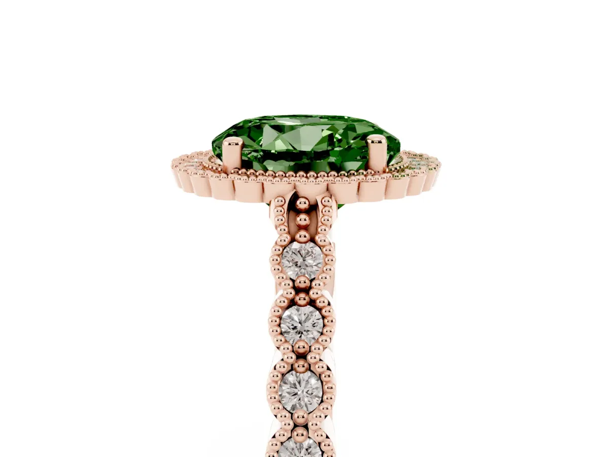 Fancy Green Round Cut Cut Halo Pavé Solitaire Ring with Milgrain Band Rose gold