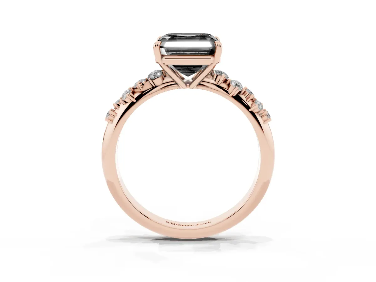 Fancy Black Asscher Cut Diamond Cluster Side Stone Solitaire Ring with Prong Setting Rose gold