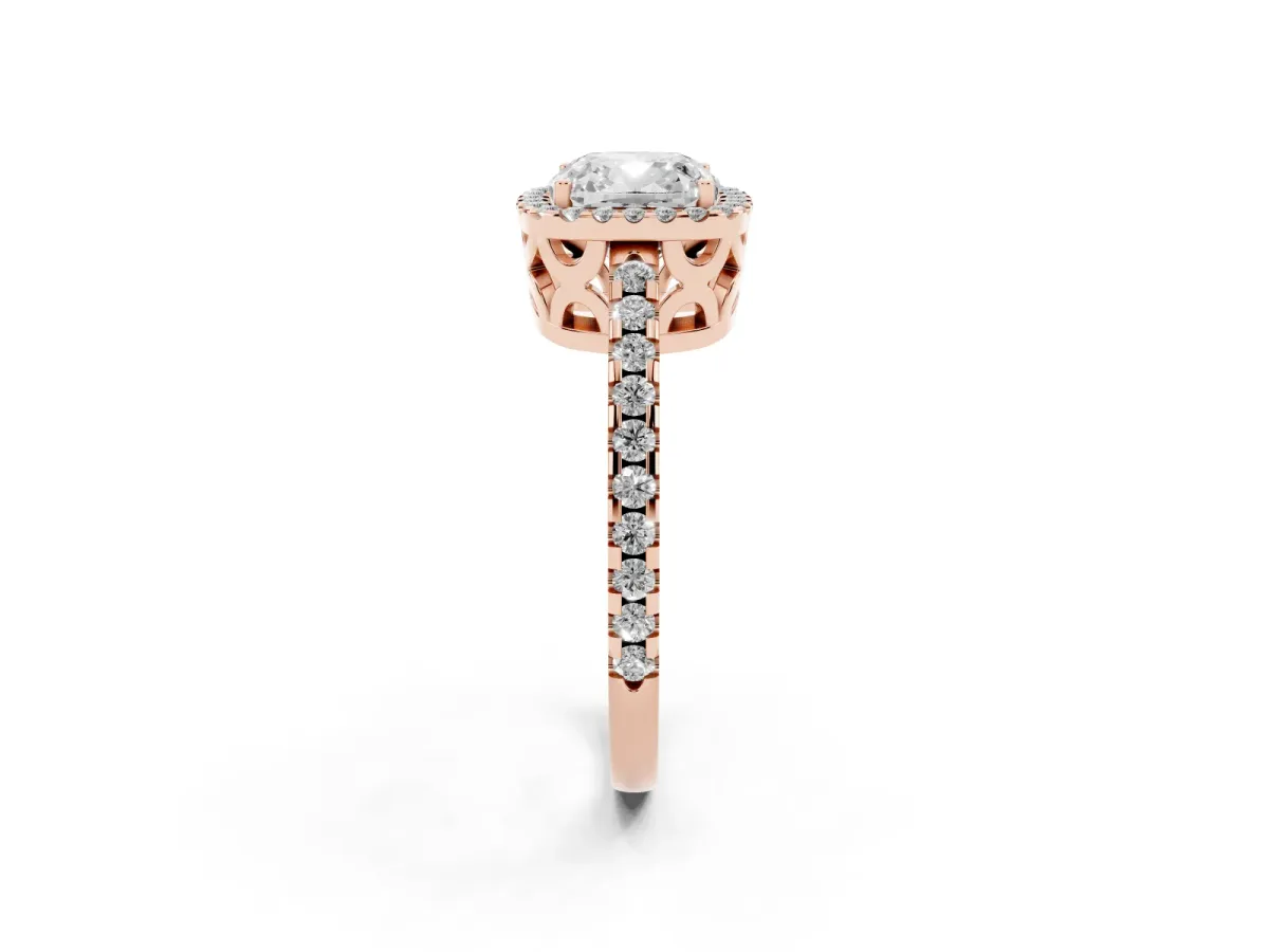 Cushion Cut Diamond Halo Engagement Ring with Pavé Band and Prong Setting Rose gold