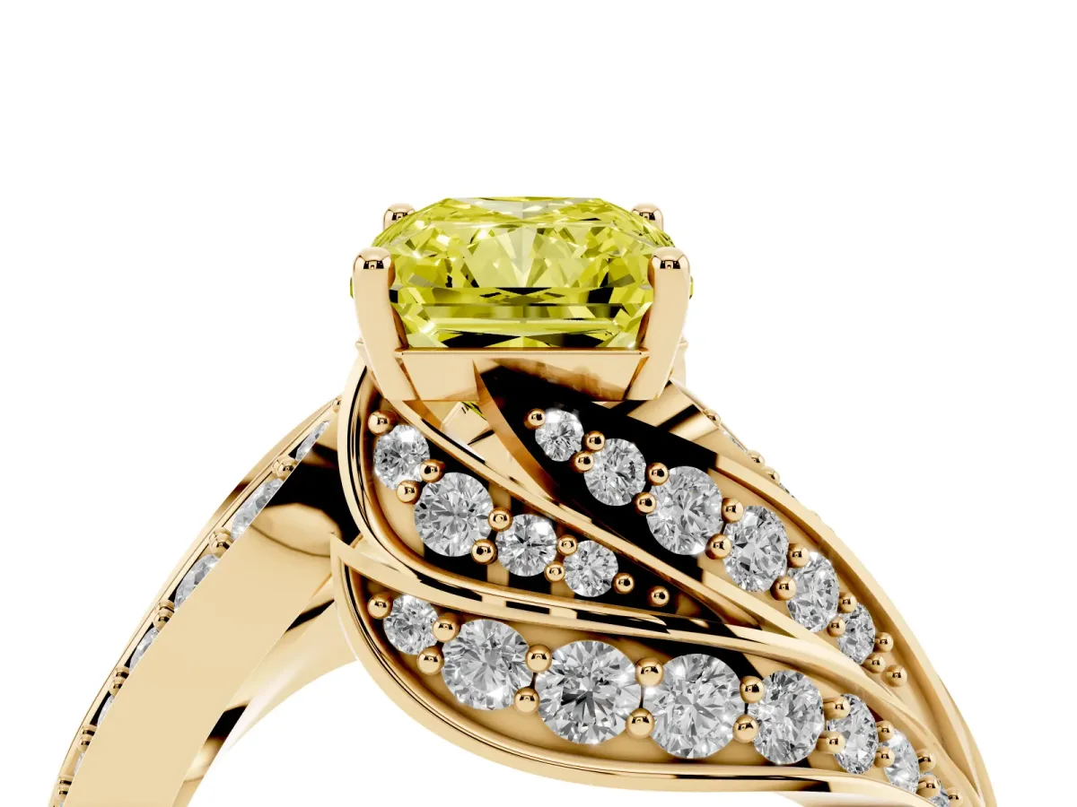 Fancy Yellow Radiant Cut Diamond Solitaire Ring with Prong Setting and Twisted Pavé Band Yellow gold