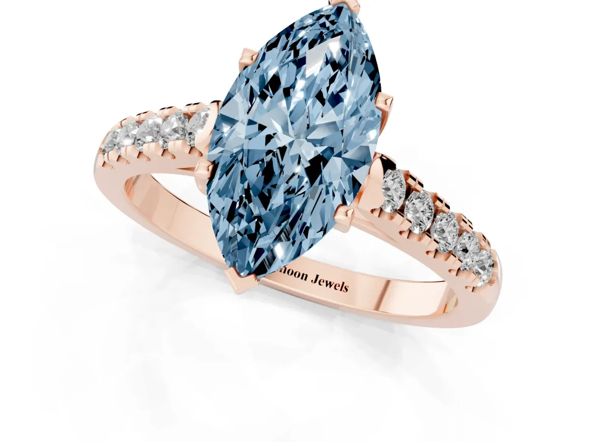 Fancy Blue Marquise Cut Diamond Pavé Band Solitaire Ring with Prong Setting Rose gold