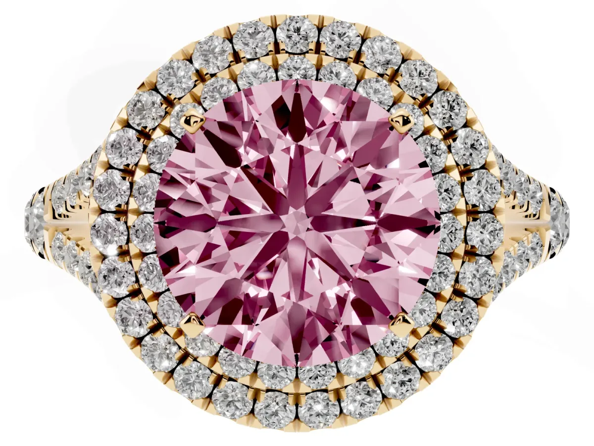 Fancy Pink Round Cut Cut Double Halo Split Shank Diamond Ring with Prong Setting Yellow gold