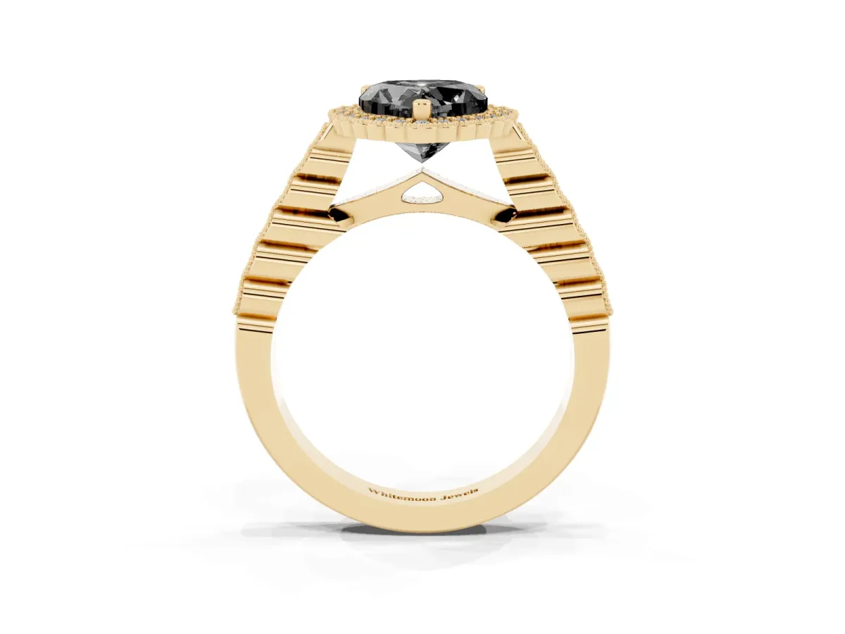 Fancy Black Heart Cut Cut Halo Pavé Solitaire Ring with Milgrain Band Yellow gold