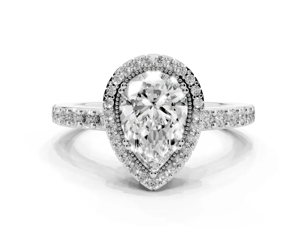 Pear Cut Cut Diamond Halo Engagement Ring with Milgrain Detail and Pavé Band White gold
