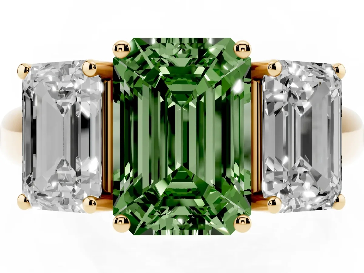 Fancy Green Three-Stone Emerald Cut Diamond Engagement Ring with Prong Setting Yellow gold