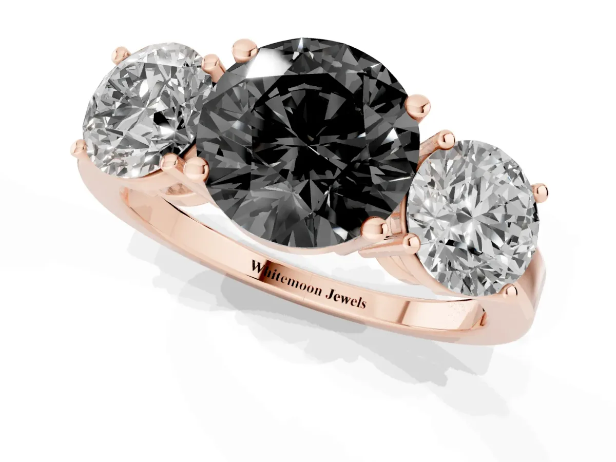 Fancy Black Three-Stone Round Cut Cut Diamond Engagement Ring with Flat Band and Four-Prong Setting Rose gold