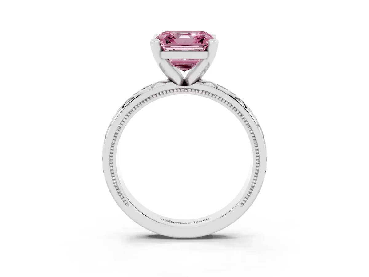 Fancy Pink Asscher Cut Solitaire Engagement Ring with Scrollwork Band and Four-Prong Setting Silver