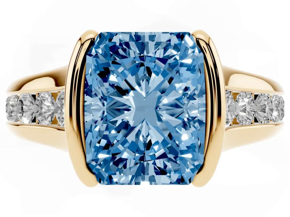 Fancy Blue Radiant Cut Solitaire Bezel-Set Diamond Ring with Channel-Set Band Yellow gold