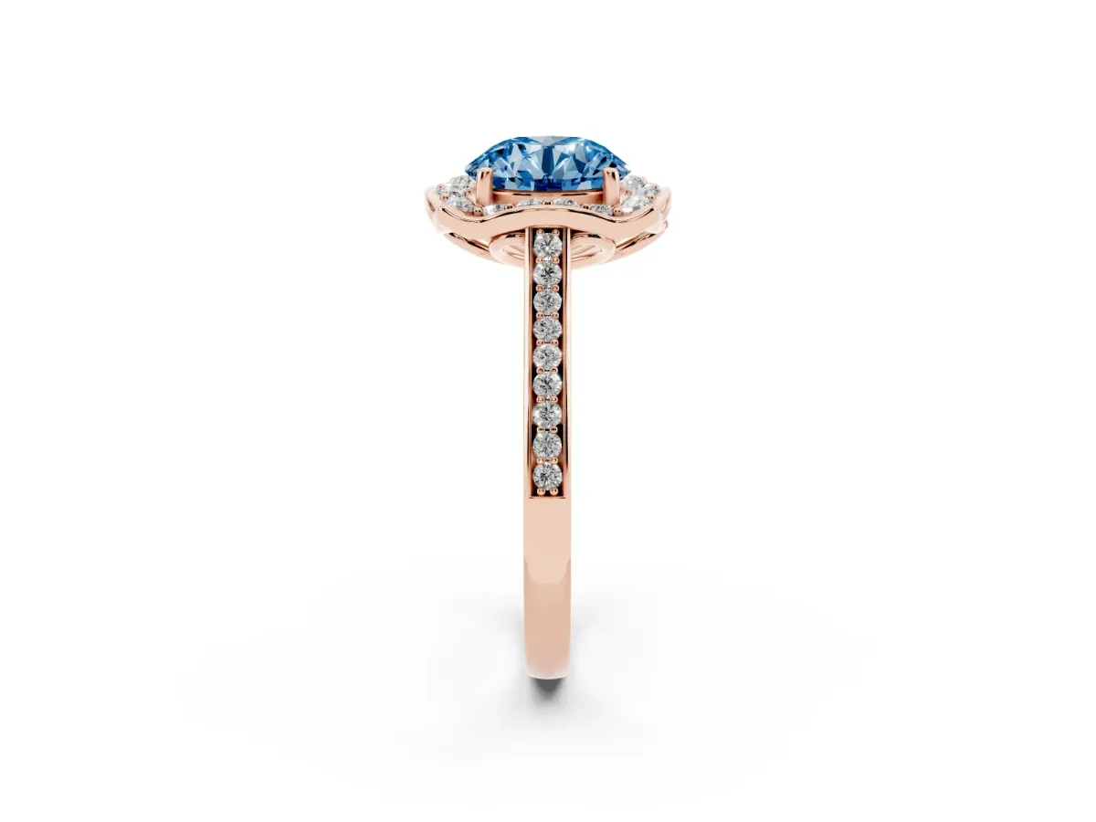 Fancy Blue Round Cut Halo Round Diamond Pave Band with Four-Prong Setting Rose gold