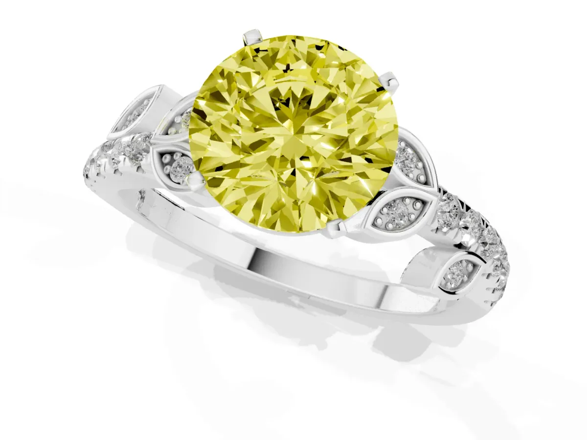 Fancy Yellow Round Cut Solitaire Leaf-Inspired Diamond Ring with Pavé Band and Four-Prong Setting Silver