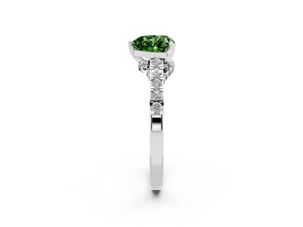 Fancy Green Heart Cut Diamond Solitaire Ring with Crossover Gallery and Round Pavé Band Platinum