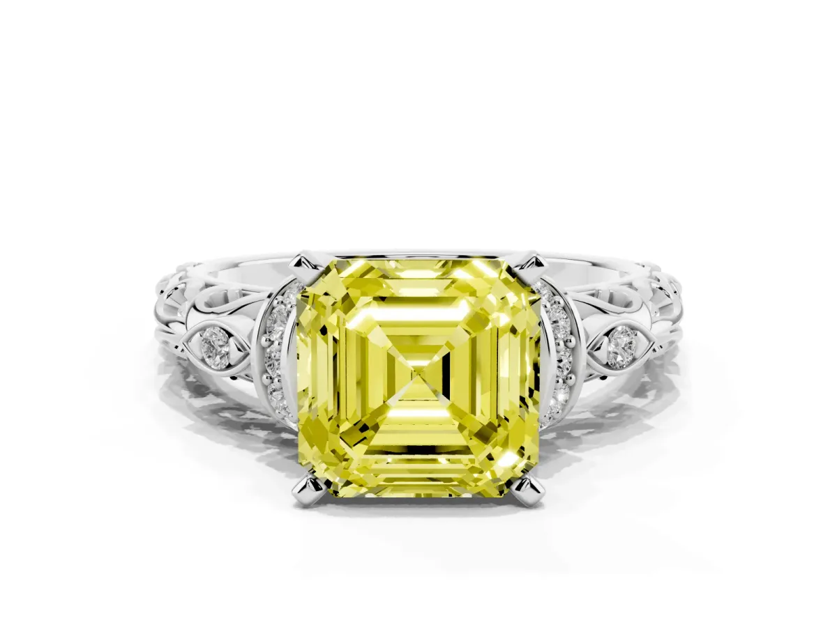 Fancy Yellow Asscher Cut Diamond Solitaire Ring with Filigree Band and Four-Prong Setting Silver