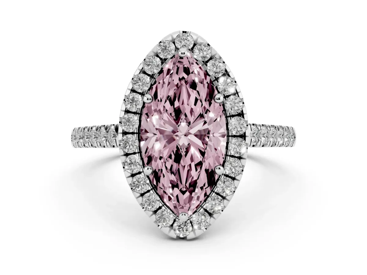 Fancy Pink Marquise Cut Halo Pavé Diamond Engagement Ring with Four-Prong Setting Platinum
