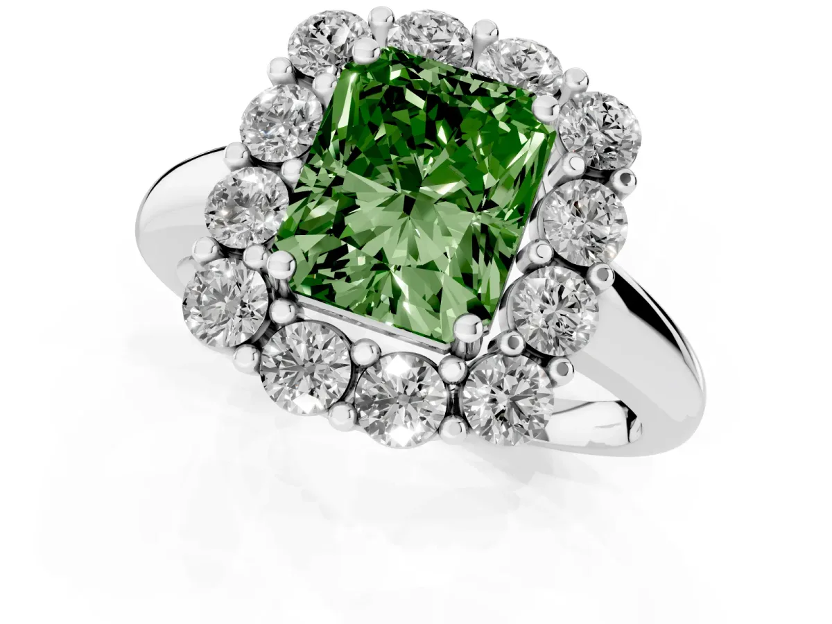 Fancy Green Radiant Cut Halo Cluster Diamond Engagement Ring with Prong Setting and Polished Band Platinum