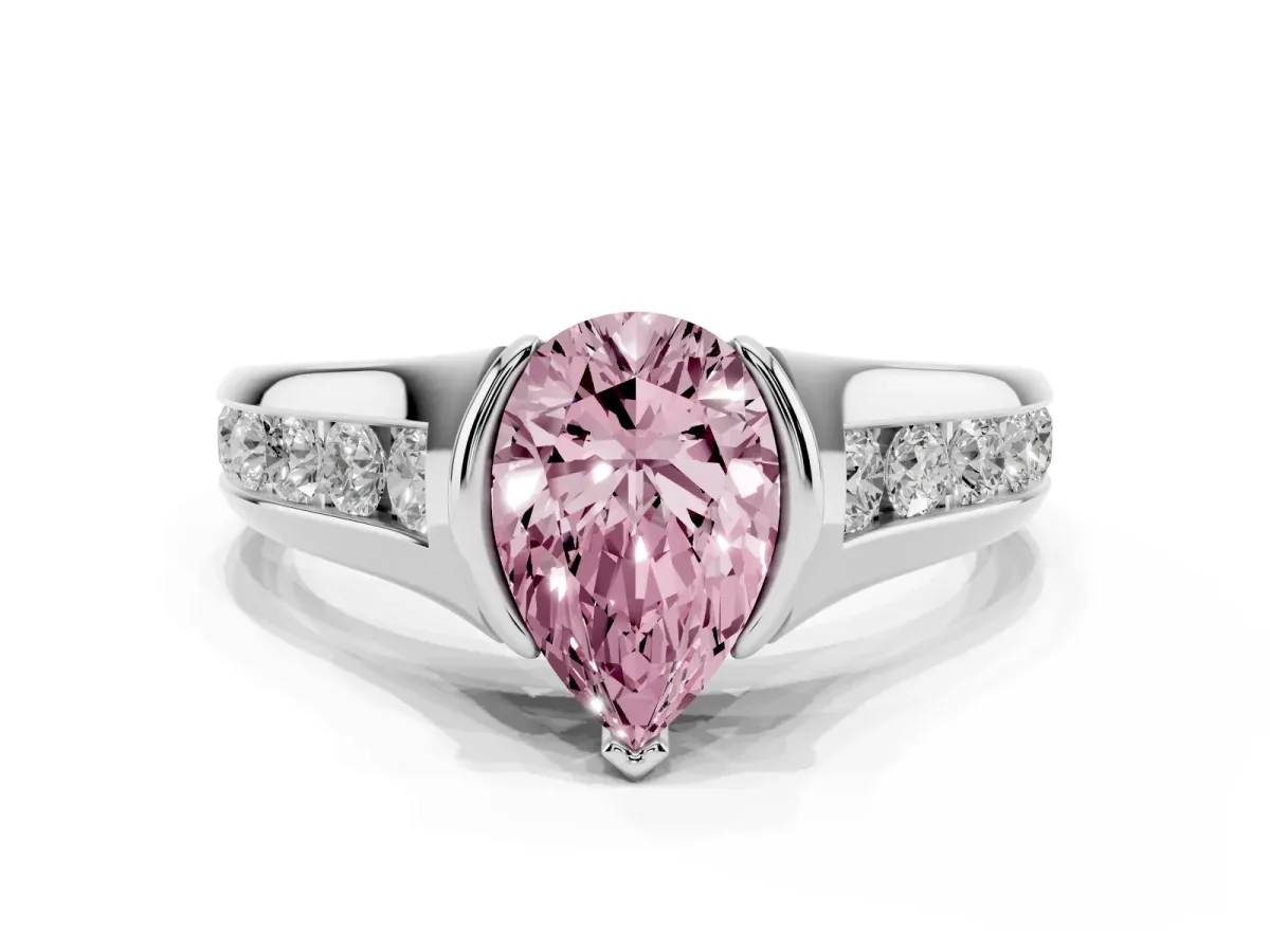 Fancy Pink Pear Cut Solitaire Bezel-Set Diamond Ring with Channel-Set Band Silver