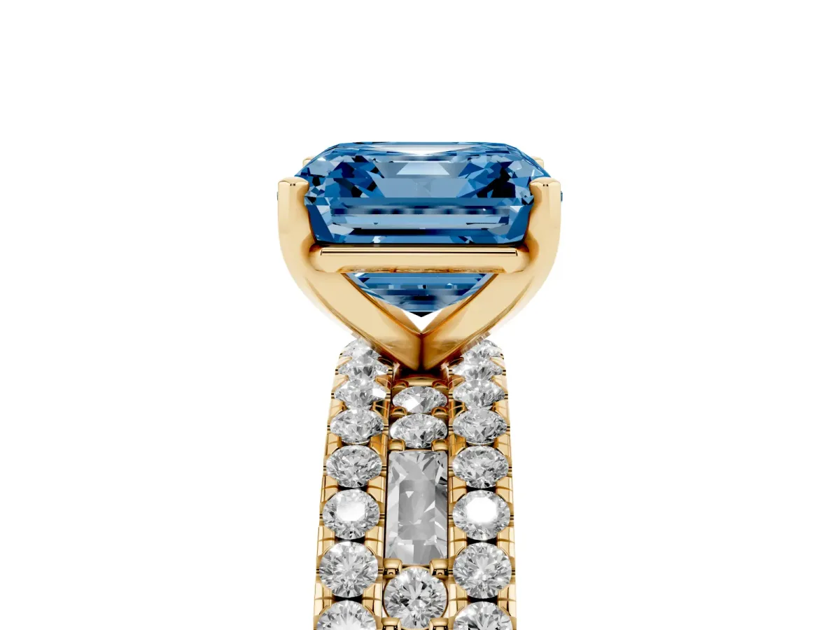 Fancy Blue Asscher Cut Diamond Solitaire Ring with Pavé and Channel Set Band Yellow gold