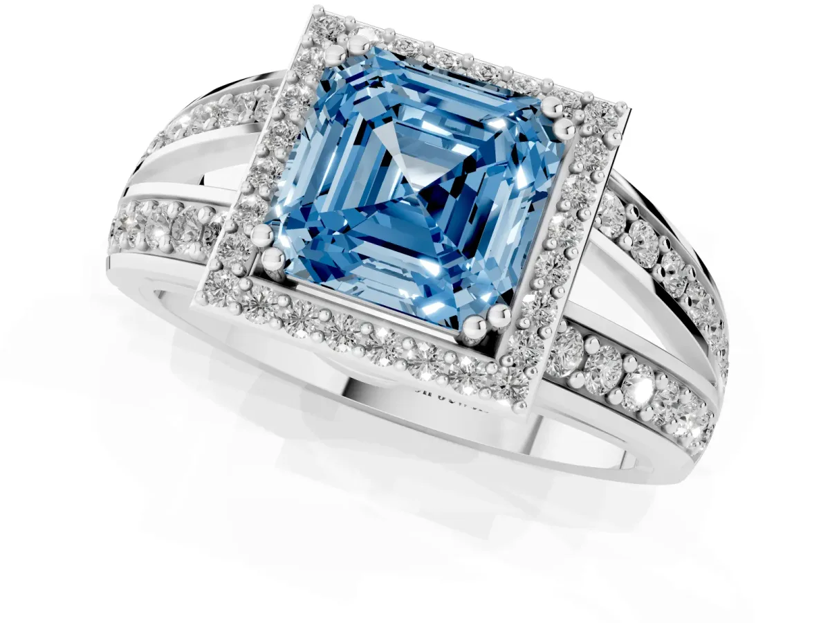 Fancy Blue Asscher Cut Diamond Halo Ring with Split Shank Pavé Band and Four-Prong Setting Silver