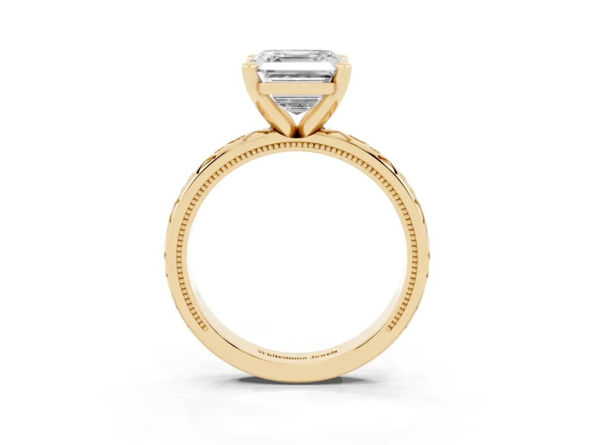 Asscher Cut Solitaire Engagement Ring with Scrollwork Band and Four-Prong Setting Yellow gold