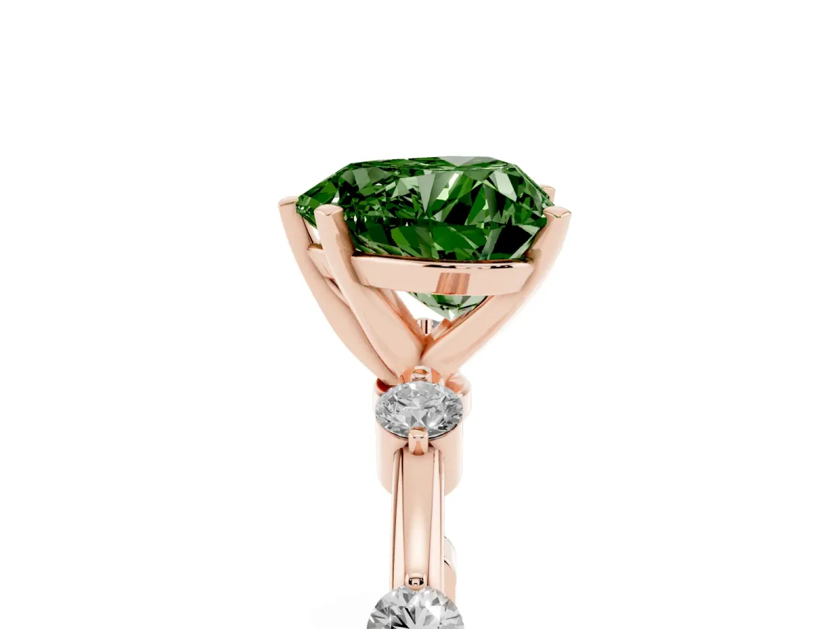 Fancy Green Heart Cut Solitaire Diamond Ring with Bezel Set Side Stones and Prong Setting Rose gold