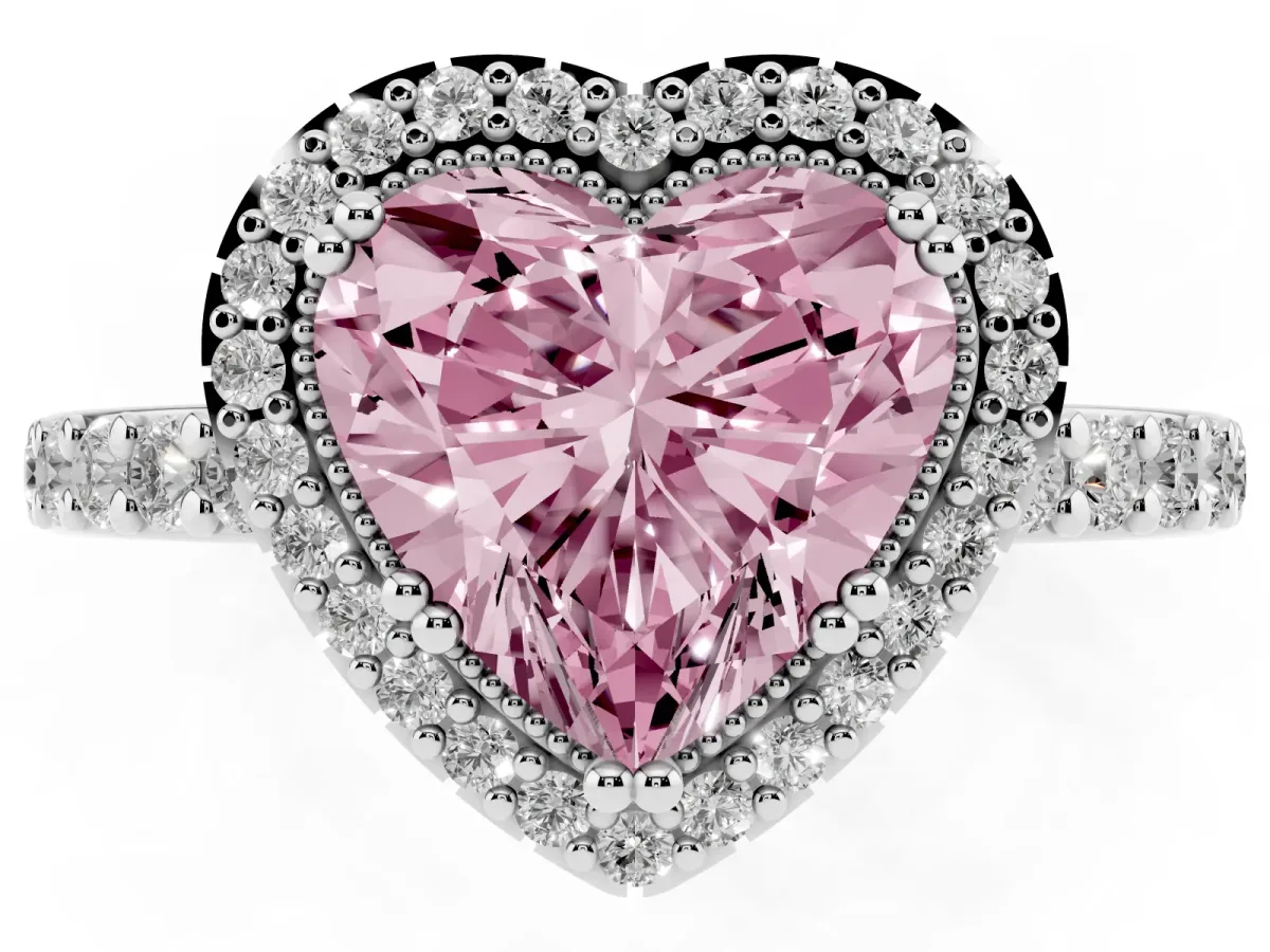 Fancy Pink Heart Cut Cut Diamond Halo Engagement Ring with Milgrain Detail and Pavé Band Silver