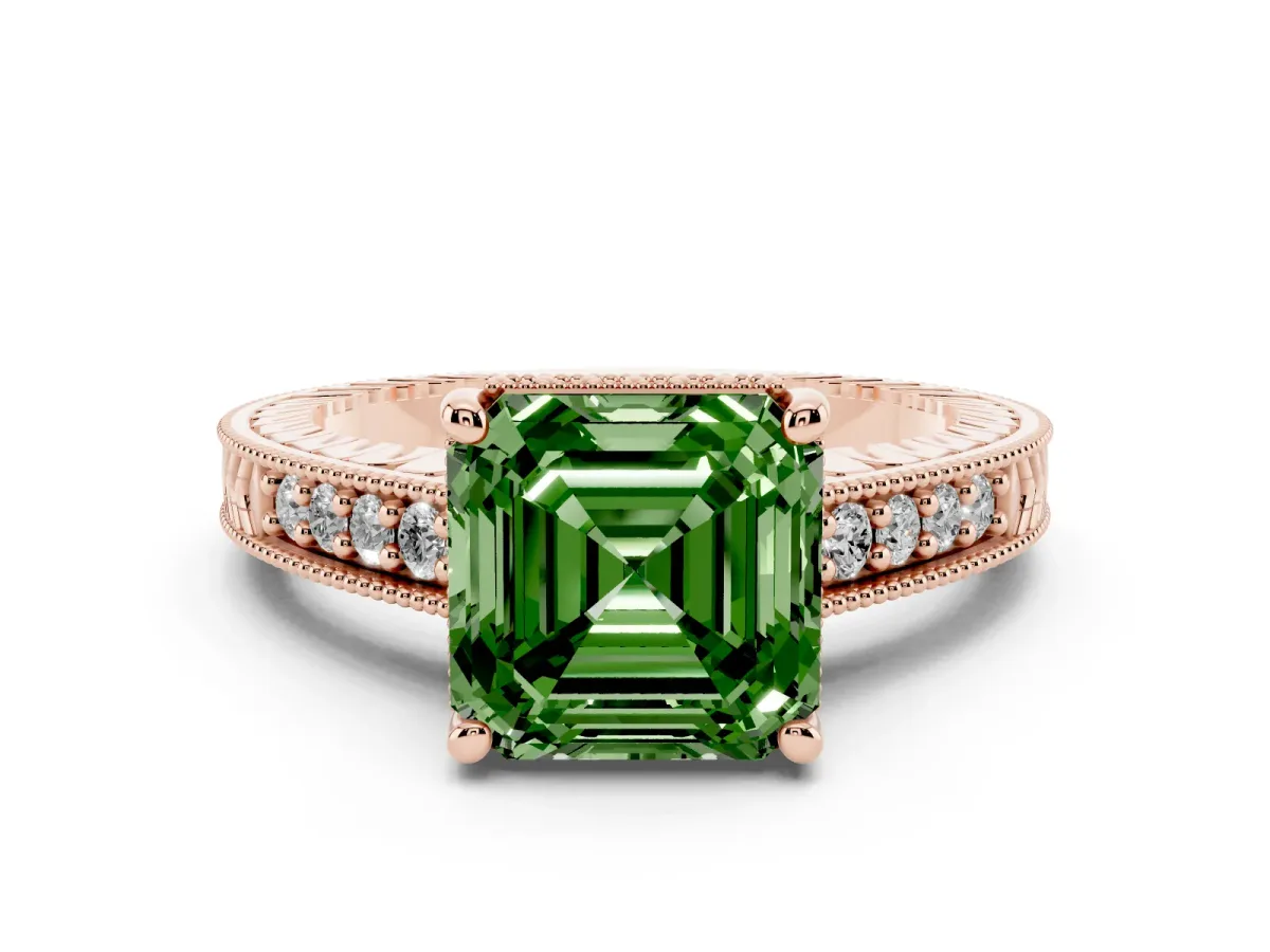 Fancy Green Asscher Cut Solitaire Pavé Diamond Milgrain Engagement Ring with Four-Prong Setting Rose gold