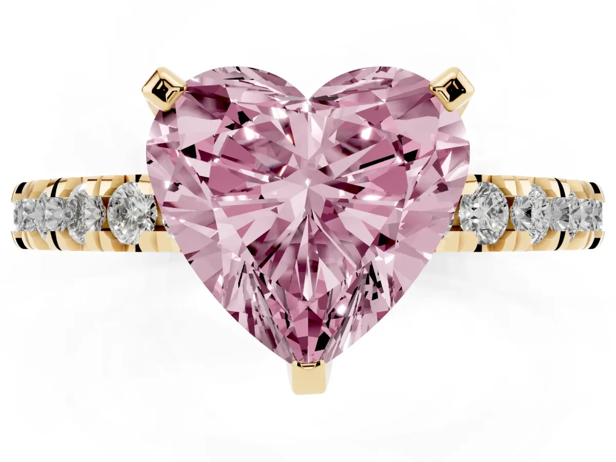 Fancy Pink Heart Cut Diamond Pavé Band Solitaire with Four-Prong Setting Yellow gold