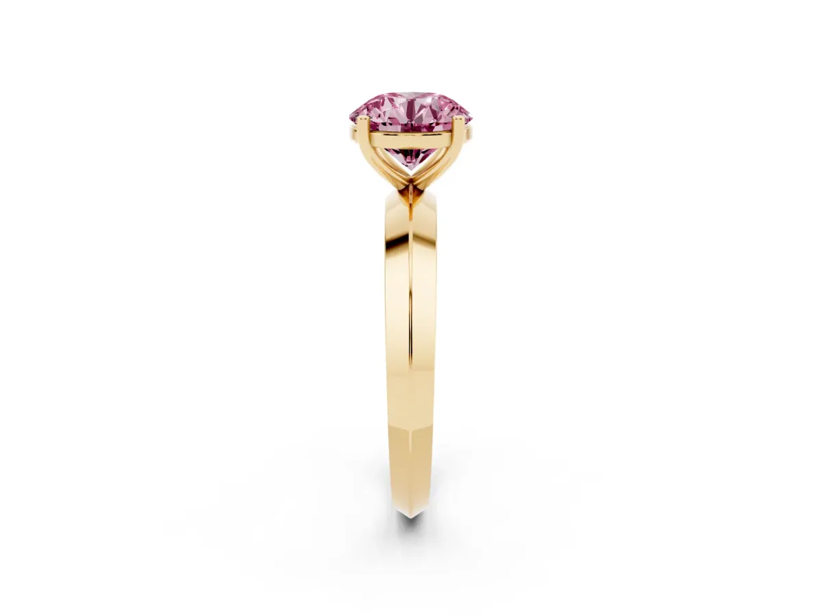 Fancy Pink Round Cut Cut Solitaire Engagement Ring with Flat Band and Four-Prong Setting Yellow gold