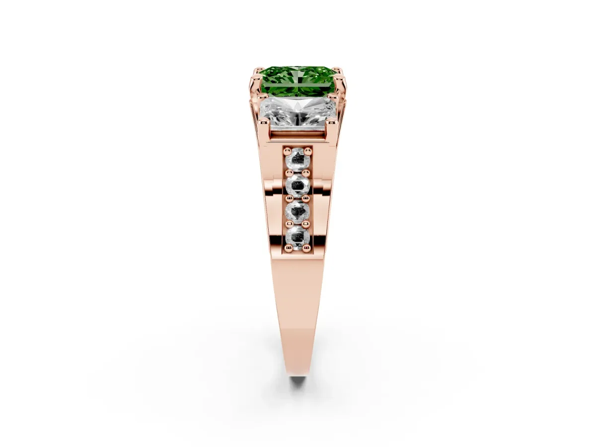 Fancy Green Radiant Cut Diamond Three-Stone Ring with Channel Set Band and Four-Prong Setting Rose gold