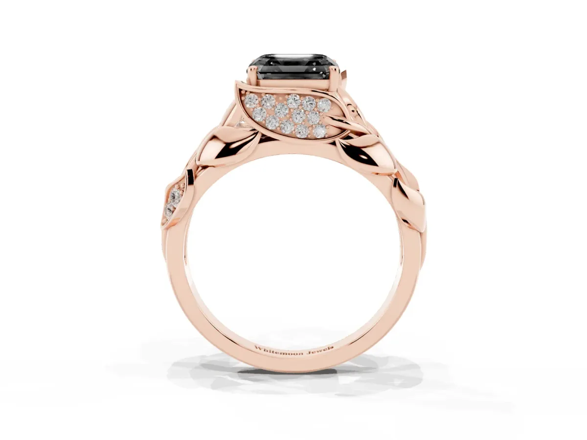 Fancy Black Asscher Cut Diamond Leaf-Inspired Engagement Ring with Round Accents and Prong Setting Rose gold