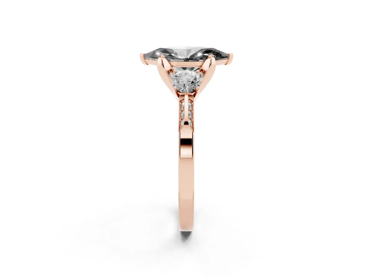Fancy Black Marquise Cut Brilliant Three-Stone Diamond Ring with Pavé Band and Four-Prong Setting Rose gold