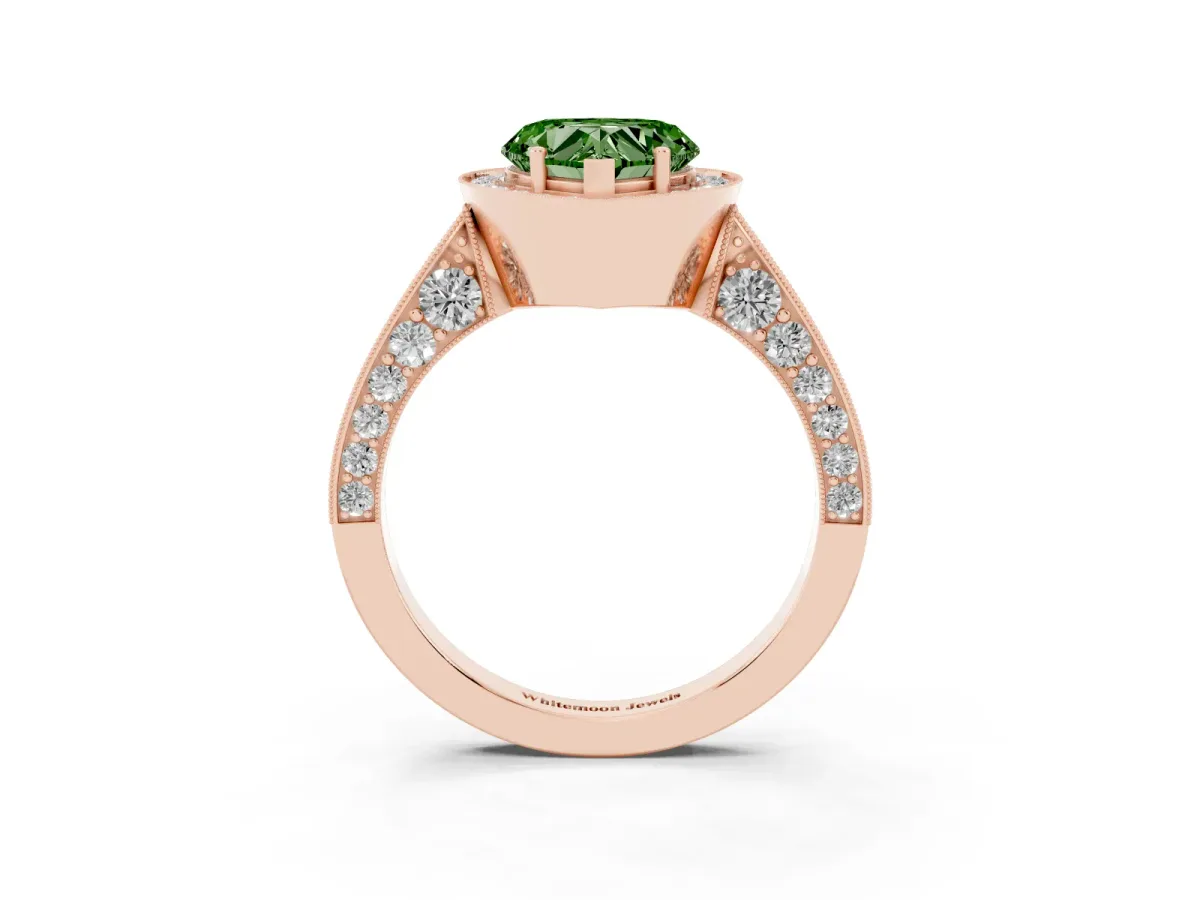 Fancy Green Heart Cut Halo Diamond Engagement Ring with Split Shank Band and Four-Prong Setting Rose gold