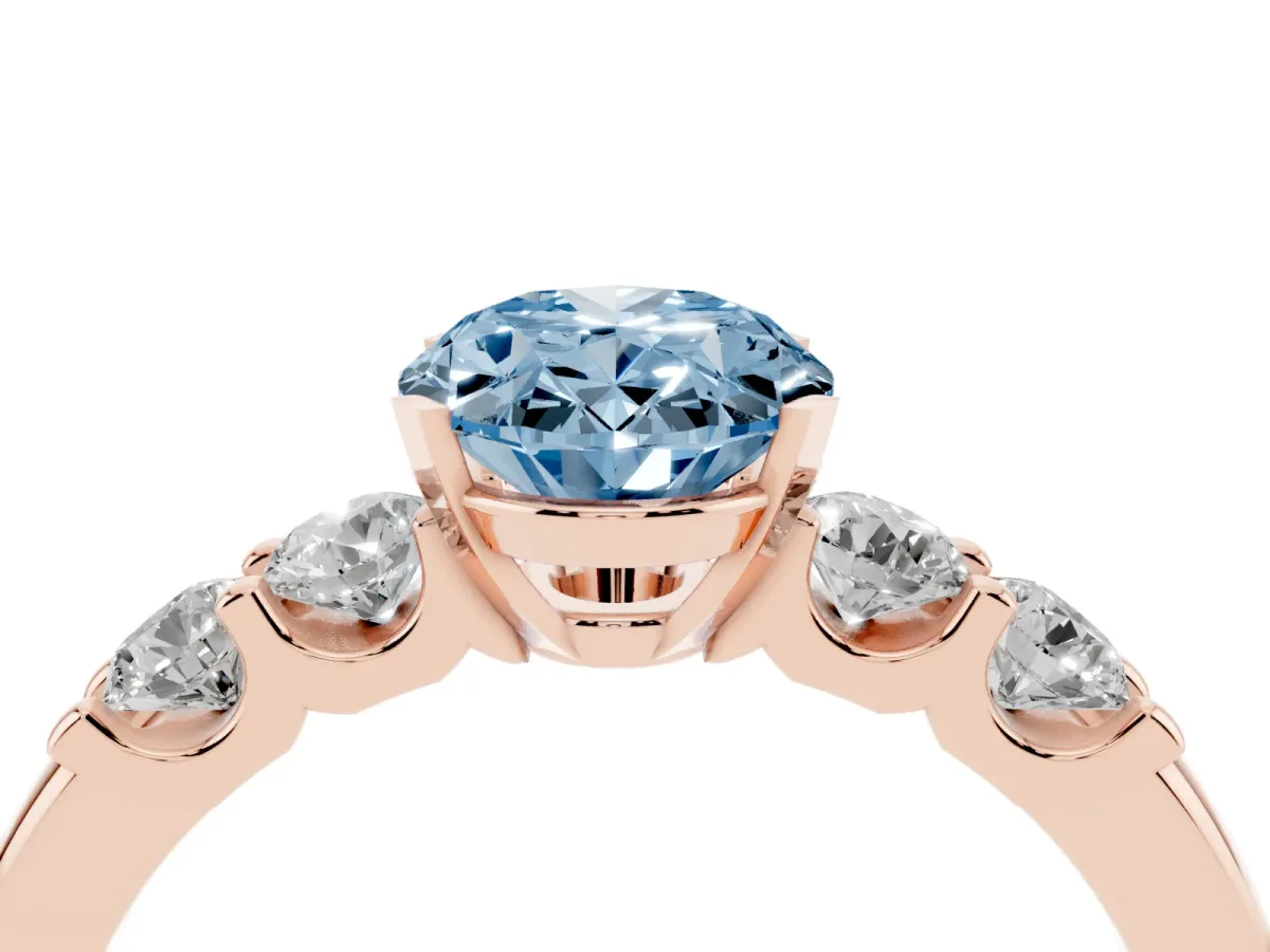 Fancy Blue Oval Cut Brilliant Cut Diamond Five-Stone Prong Set Engagement Ring with Channel Band Rose gold