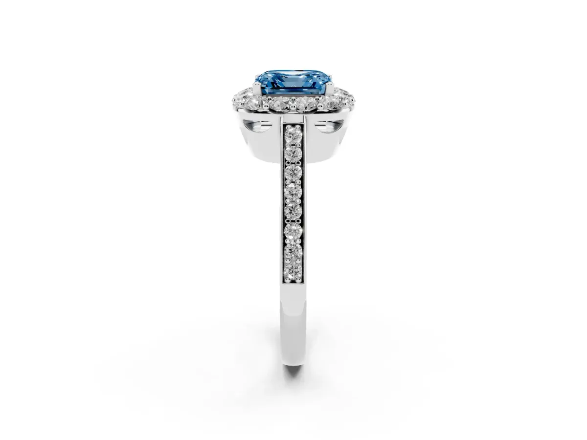 Fancy Blue Asscher Cut Diamond Floral Halo Ring with Pavé Band and Prong Setting White gold