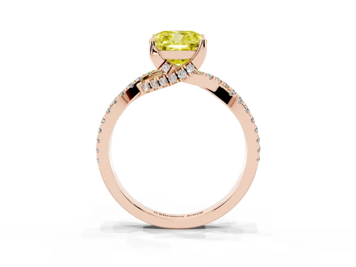 Fancy Yellow Cushion Cut Solitaire Twist Pave Diamond Engagement Ring with Prong Setting Rose gold