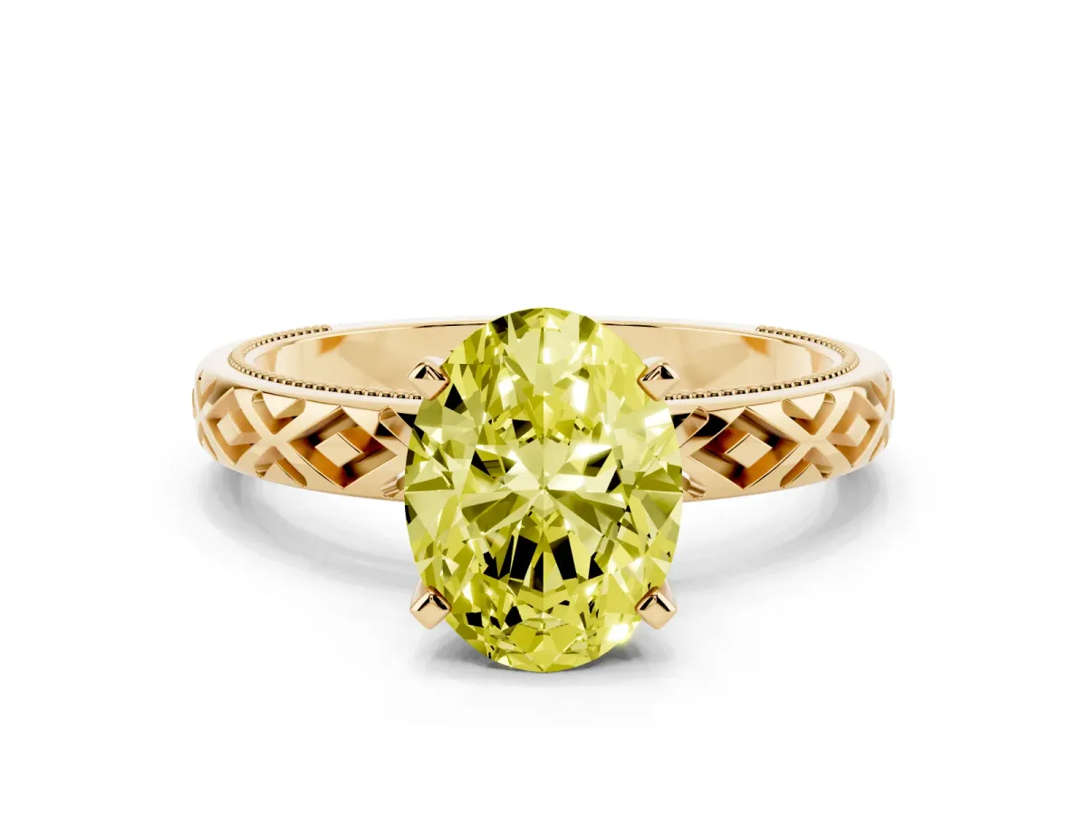 Fancy Yellow Oval Cut Solitaire Diamond Ring with Milgrain and Black Enamel X Pattern Band Yellow gold
