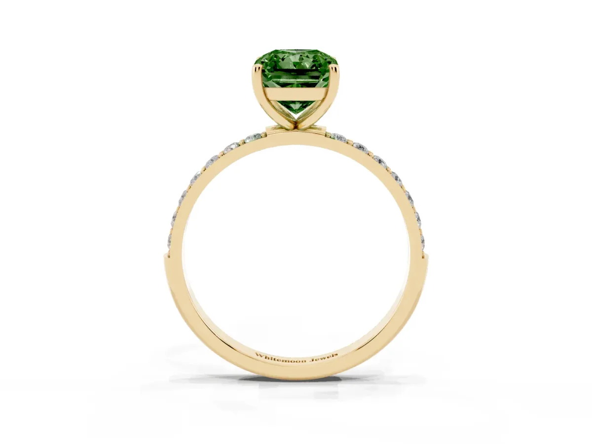Fancy Green Radiant Cut Diamond Solitaire Ring with Round Pavé Shoulders and Prong Setting Yellow gold