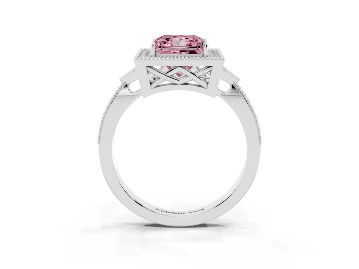 Fancy Pink Princess Cut Halo Round Diamond Milgrain Pave Engagement Ring White gold
