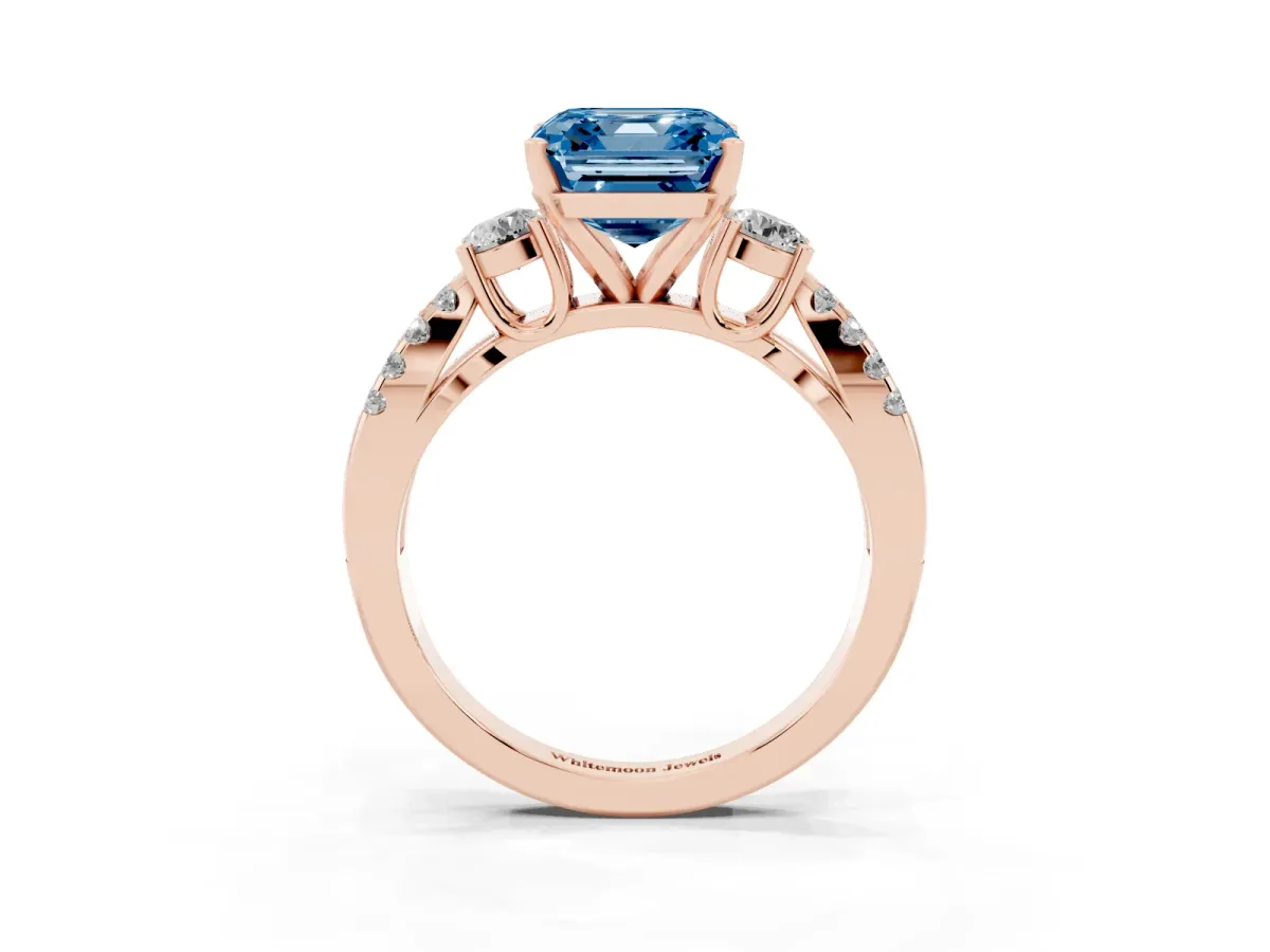 Fancy Blue Asscher Cut Diamond Three-Stone Ring with Pavé Split Shank and Four-Prong Setting Rose gold